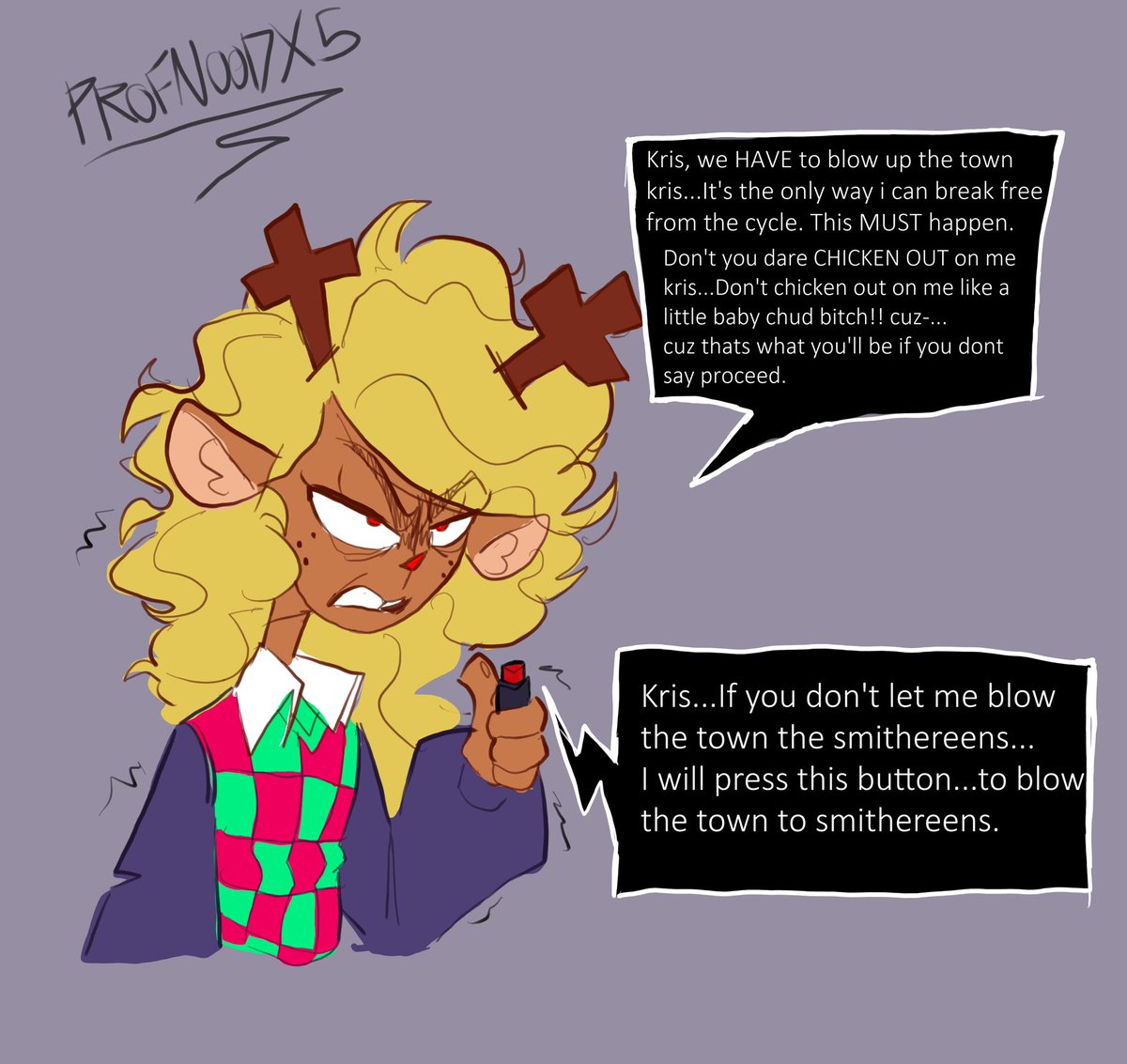 PROFNOODX's tweet photo. My head canon for Noelle is that her big ass red nose is actually a button to blow up her house
#deltarune #deltarunespoilers https://t.co/uBX56Ez22U