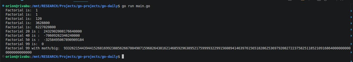 carrotdev_'s tweet photo. TIL: int64 overflow is silent in Go — big factorials wrap negative then hit exactly 0; math/big is Go's opt-in Python int.
#GoLang https://t.co/vDtcux7Za0