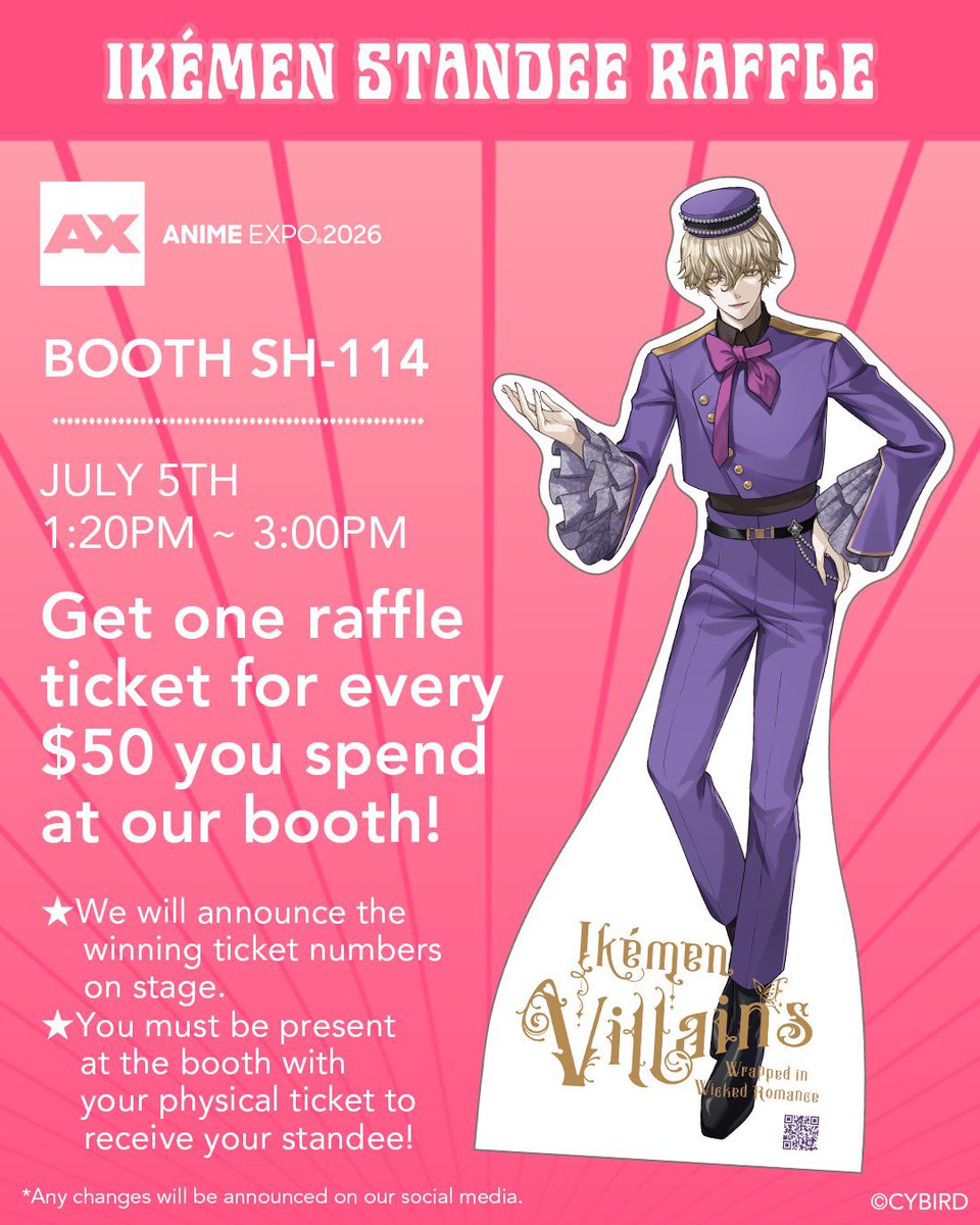cyikemen_en's tweet photo. 🔑 Anime Expo Last Day 🔑 

🎆 Finally the Standee Raffle is here! 
Who will you bring home tonight? 😜 

Don’t miss out on exclusive merch 🛒 

Let’s make this final event day fantastic together 😎🫶🏻💖

📍Booth SH-114 
@AnimeExpo 
#AX2026
#otome
#ikemenseries https://t.co/o2jpP6SZ1o
