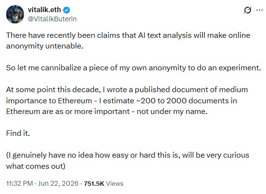 Cointelegraph's tweet photo. ⚡ INTERESTING: 13 days ago, Vitalik Buterin challenged the internet to prove that AI can shred online anonymity.

So far, no success.

Do you think your anonymity is safe? https://t.co/jxDdEt1Dzl