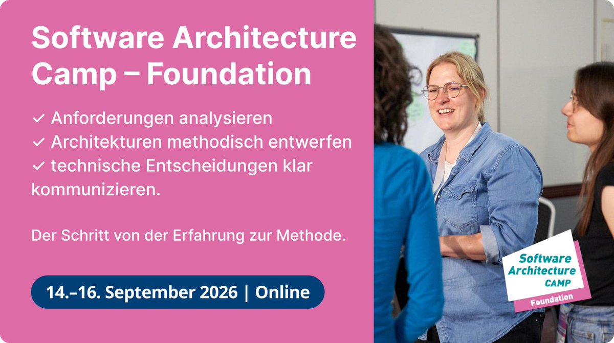 SoftwArchSummit's tweet photo. Architektur nach Bauchgefühl skaliert nicht. Foundation Camp
Nächster Termin: 14.–16. September 2026 · online
→ Zum Camp: https://t.co/USFyEusc21
#SoftwareArchitecture #SoftwareArchitectureCamp #iSAQB #TechCamp #Developer https://t.co/kJs9x3XMXr