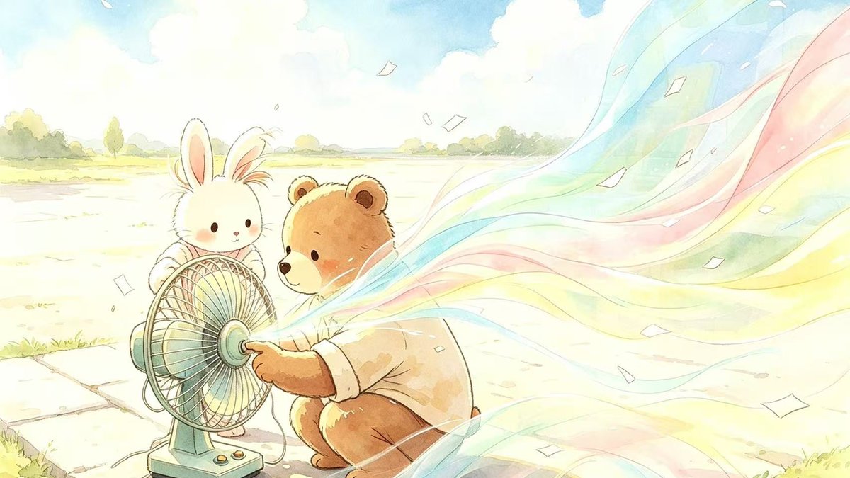 Heykidsofcn's tweet photo. Bear and Little Rabbit finally fixed the fan together 🛠️🐻🐰.  
When they pressed the switch, a cool breeze instantly rushed toward them 💨😌 — and a magical, colorful wind quietly appeared! 🌈✨ https://t.co/Y0bJT6hJYY