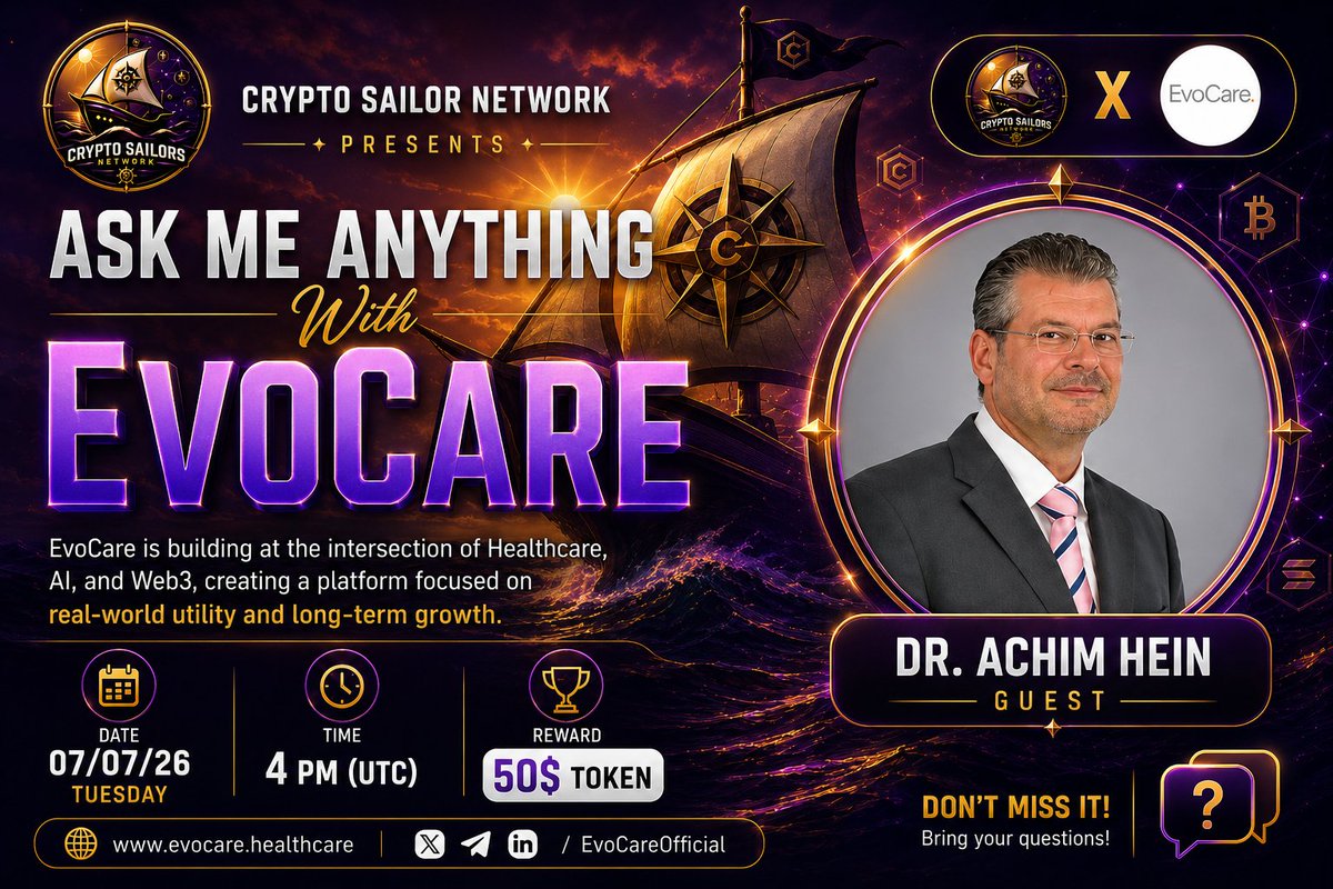 M_NirobCM's tweet photo. 📢 Crypto Sailor thrilled to announce there next #TextAMA with @Telemedizin on 7 July 2026, (4PM UTC)
🔥 Chat AMA
💲Reward Pool: $50 EvoCare
📍Venue:https://t.co/yvrj41QNmf
〽️Rules:
✅ Follow @Telemedizin
✅Like & Retweet
✅Ask your question
#Crypto #AMA #healtheworld #BSC https://t.co/yOn54J4mWr