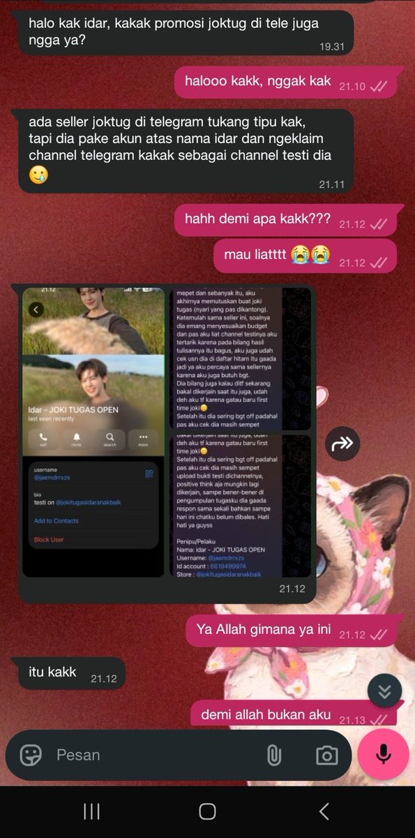 jaemdrrxzs's tweet photo. haii kakak kakak BA boleh mintol untuk rt/like postingan ini? jadi ada penipu di telegram yang mengatas namakan aku, sedangkan aku nerima orderan di whatsapp aja sama promosi di x, sedangkan di tele cuman upload testi doang 🥲 sumpah dzalim banget 😭😭
#bealanja #jokitugas https://t.co/7H9GU5Fjqi