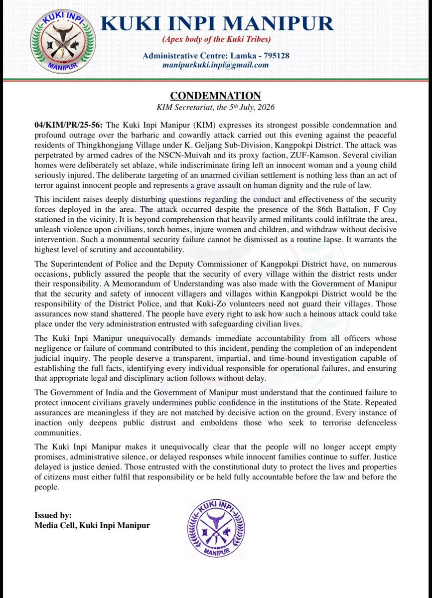 KapthangHaokip's tweet photo. The Kuki Inpi Manipur expresses its' strongest possible condemnation and  profound outrage over the barbaric &amp; cowardly attack carried out this evening against the residents of Thingkhongjang Village, Kangpokpi Dist.

@AmitShahOffice @YKhemchandSingh @LokBhavManipur @HMOIndia https://t.co/YAos0OMPDP
