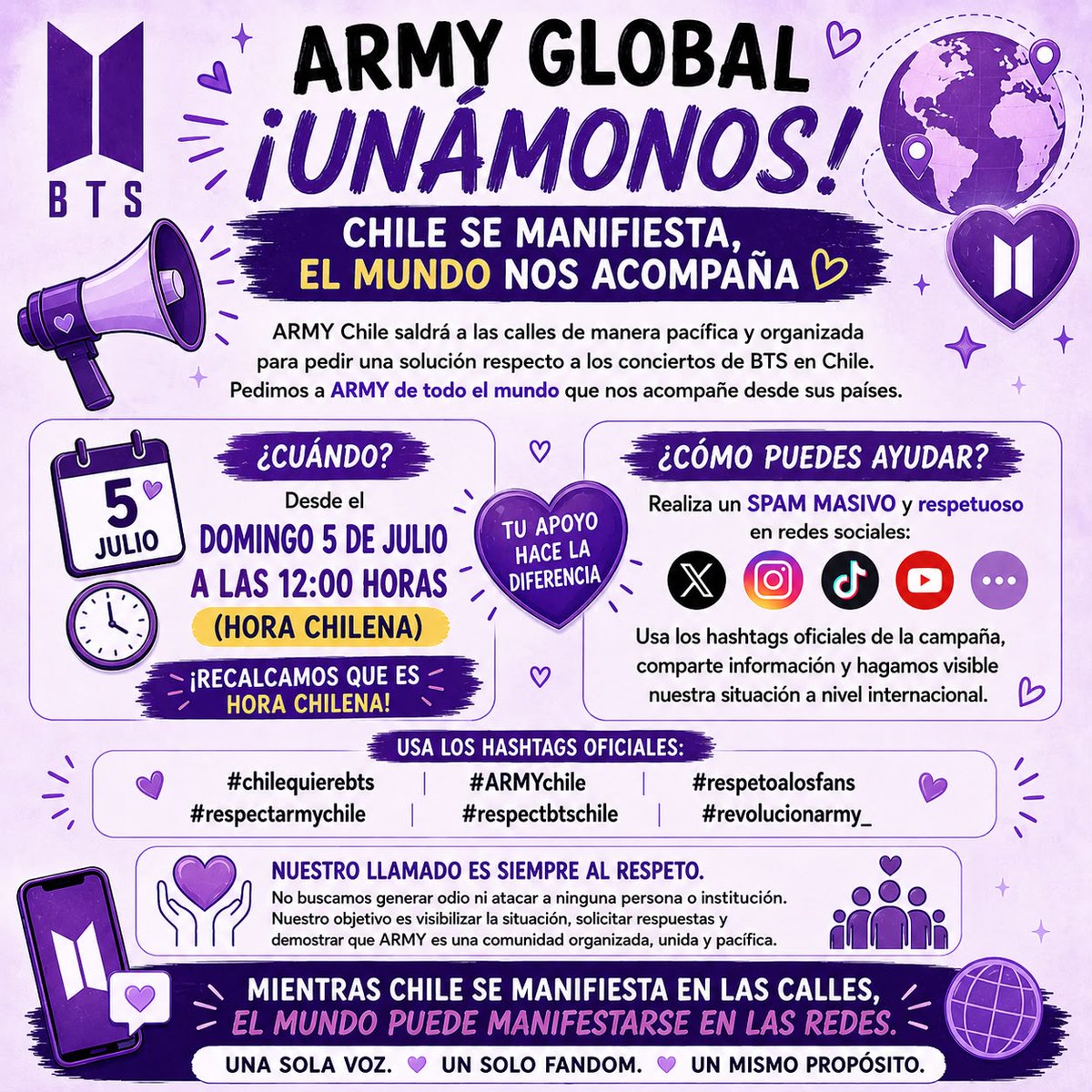 totty_xio24's tweet photo. ¡Atención ARMY! 💜 Mientras Chile se manifiesta en las calles, nosotros podemos hacer la diferencia desde casa. ¡Hagamos tendencia y que todo el mundo nos escuche! Cada tuit cuenta 🌍
​#chilequierebts #ARMYchile #respetoalosfans #respectarmychile #respectbtschile #BTSALNACIONAL https://t.co/keowvVO2W6