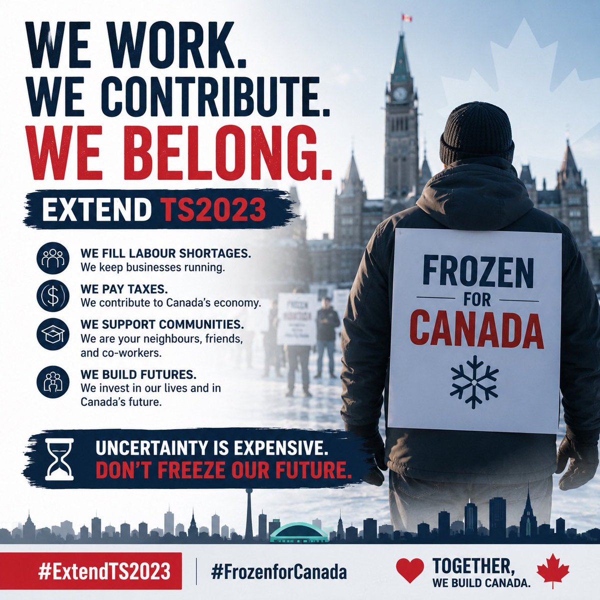 CanadaTimk's tweet photo. I’m a software developer. I work, pay taxes, and contribute to Canada.  My future shouldn’t be frozen.  It’s time to #ExtendTS2023.  #FrozenforCanada

@CanadianPM

@CitImmCanada

@LenaMetlegeDiab

@JonathanWNV https://t.co/zW4c8AvDcA