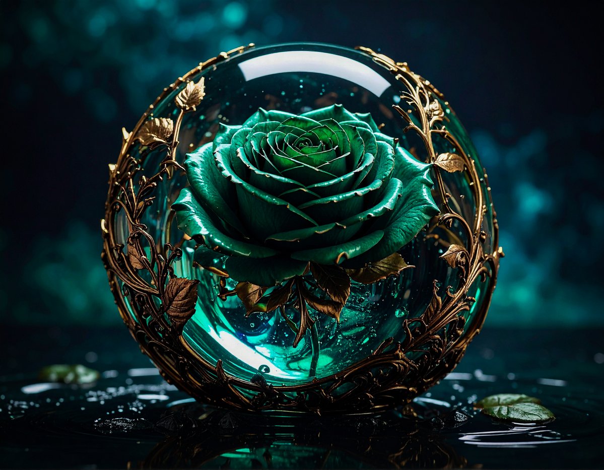 WickeyPixels's tweet photo. Verdant Mesh 🌹✨

An emerald rose eternally preserved within an ornate gilded mesh orb. Lush verdant petals glowing beneath crystal clear glass, suspended in liquid light. Enchanted and everlasting.

#RoseArt #AIart #EmeraldRose #CrystalSphere https://t.co/w1MJvitL65