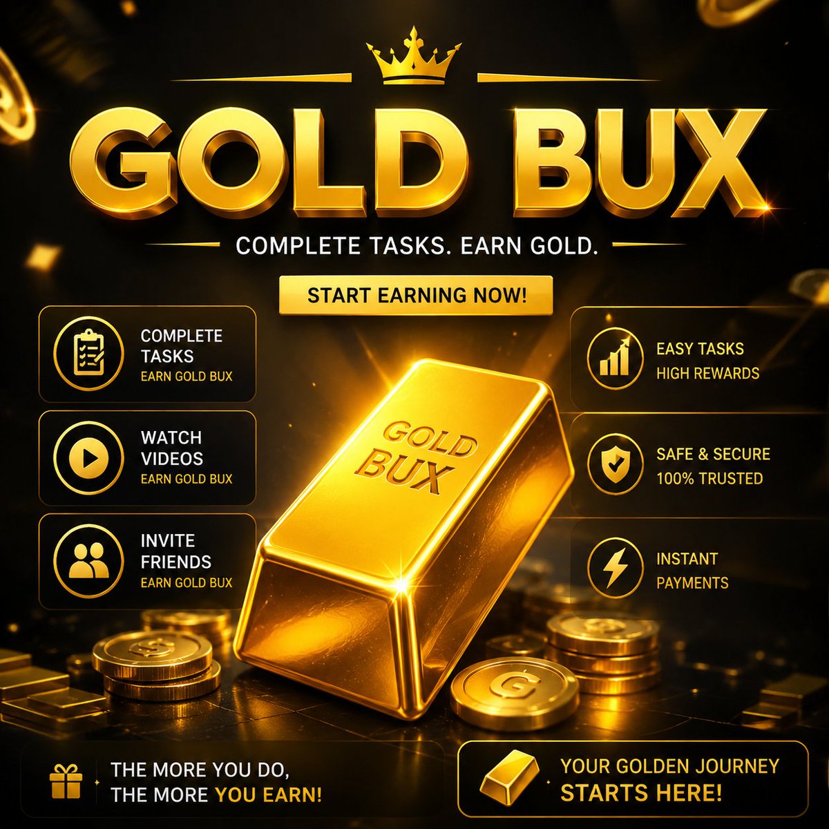 gold_bux5's tweet photo. Earn with Gold Bux! Complete easy tasks, invite friends, and unlock real rewards. Fast payouts, simple missions, and daily opportunities. Join now and start building your earnings today! 🚀💰 Start free. Win every day!!!!!

https://t.co/koS04EFXop https://t.co/oQY3H7yv2h