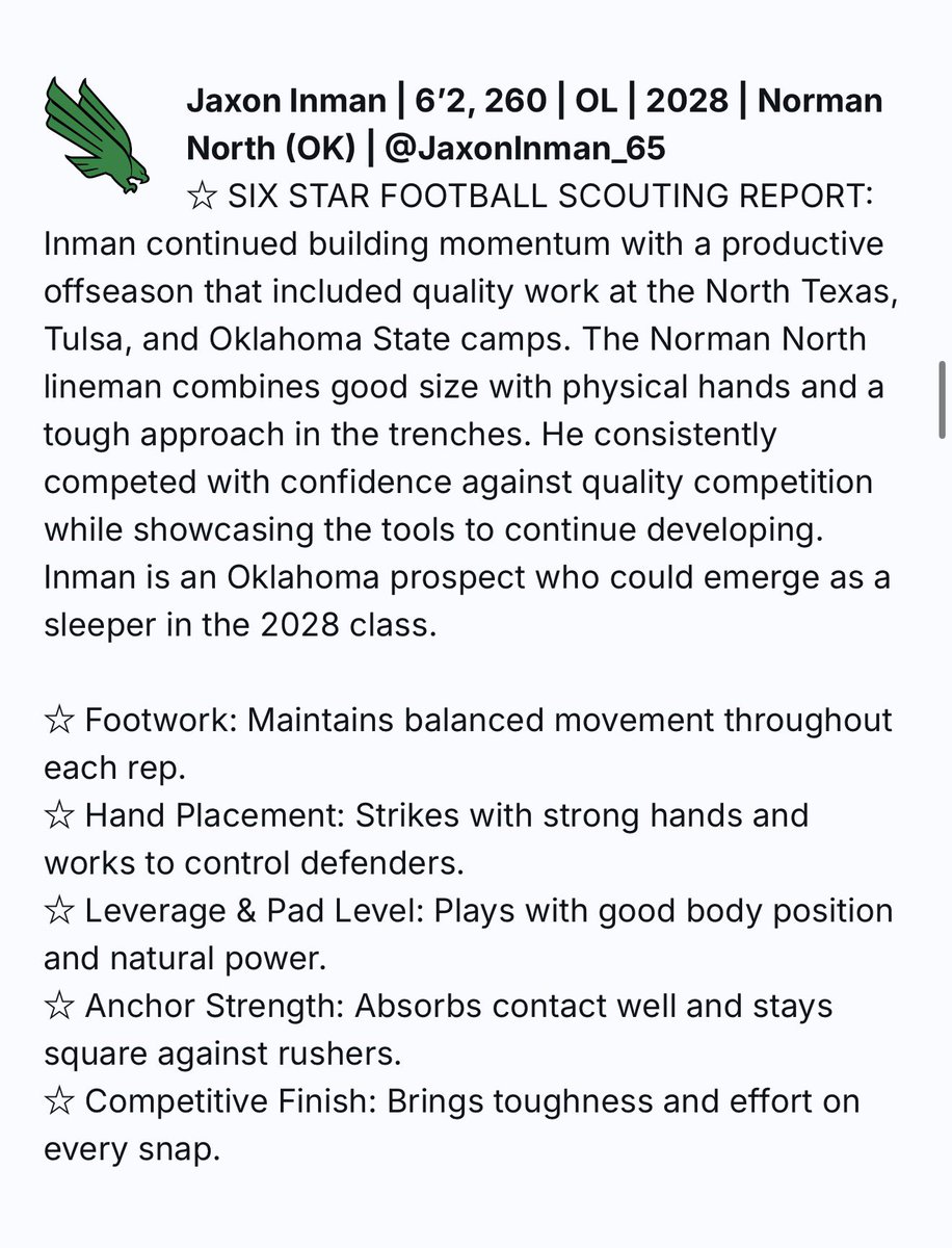 JaxonInman_65's tweet photo. Thank you for the write up @sixstarfootball 
@NNCoachJones @NNFootball @NNFBRecruiting @CoachZFleming https://t.co/goHsuiTypg