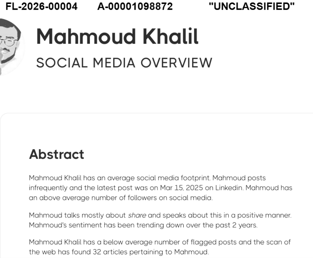 mahmoudkhalel's tweet photo. Through my lawsuit against the gov, we're getting internal documents about my arrest. Here's one: a State Department-commissioned 'social media review', conducted after the arrest. Their big finding? I talk about 'share' a lot and have an above average number of followers. This is what they spent your taxpayer money on.