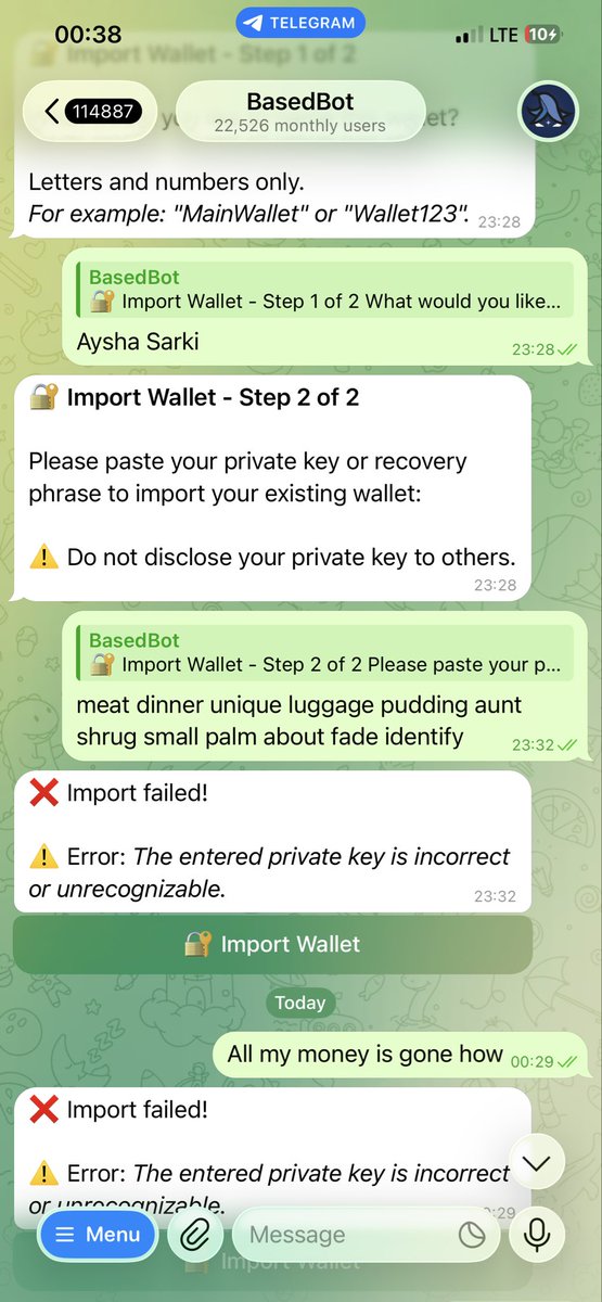 AishaSarki60449's tweet photo. My worst crypto scam? Getting my wallet drained. ๐ญI refreshed my wallet like my funds would magically come back. That day taught me one lesson Iโll nvr forget: nvrshare or import your private key. No opportunity is worth risking ur entire wallet.#MCCA #MakeCryptoCleanAgain https://t.co/84tSAJGLX2