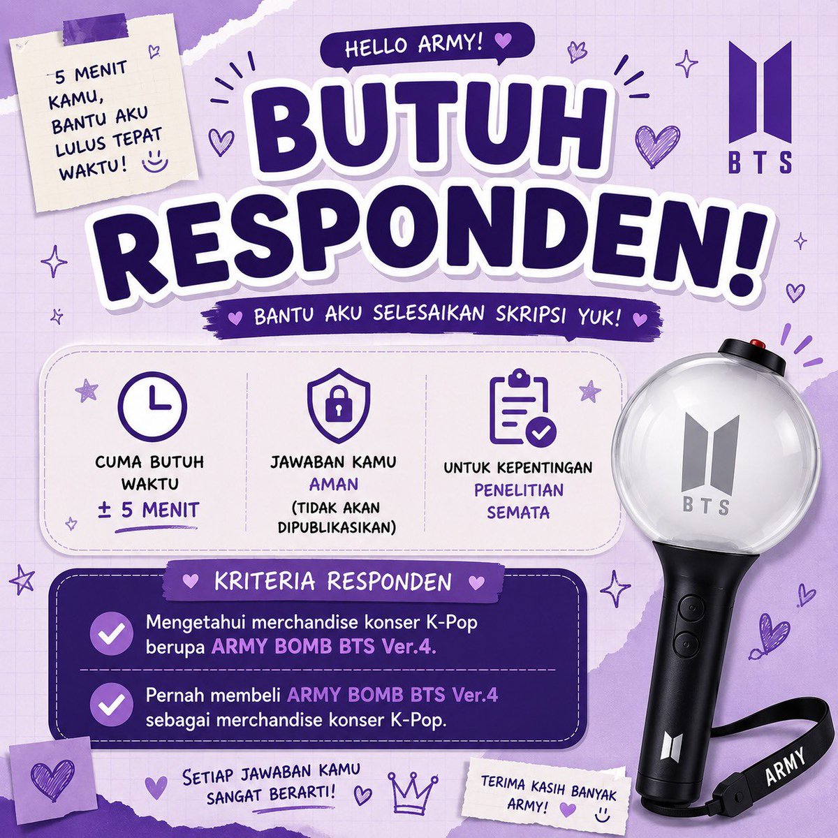 peachyymoonn's tweet photo. guys aku tauu ini bukan giveaway...
TAPI AKU MAU MINTA TOLONG😭😭

lagi dikejar deadline skripsi dan lagi cari responden banyakkk bgtt😭
kriterianya cuma:
✨ pernah beli ARMY BOMB BTS Ver.4

minta tolong bantu rt yaa teman teman😣🫰🏻 https://t.co/esKCfWypM9