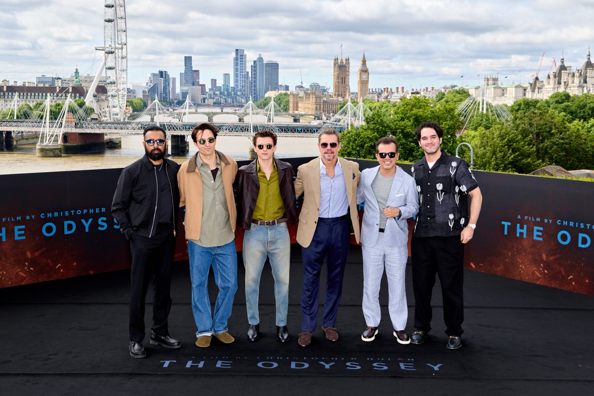 odysseymovie's tweet photo. The Odyssey cast joins Christopher Nolan in London. Get tickets now to experience The Odyssey in cinemas July 17. https://t.co/oghcpJO1xx