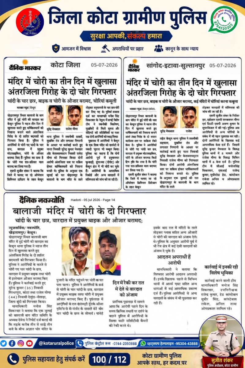 spkotarural's tweet photo. जिला कोटा ग्रामीण पुलिस की अपराधियों के खिलाफ #निरंतर_कार्यवाही जारी 

थाना कैथून पुलिस ने चोरी करने वाले #गिरोह का किया #पर्दाफाश
@RajCMO 
@RajGovOfficial 
@PoliceRajasthan
 @IgpKota 
@SujitShank2020
 #kotaruralpolice 
@KotaPolice https://t.co/8kWvCo8RFf