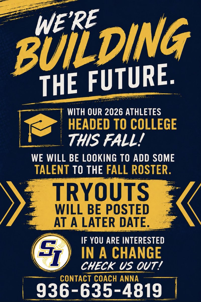 TXSI18's tweet photo. With our 2026 athletes headed to college, we’re looking to add to the Fall roster! Tryout info will be posted at a later date.

If you’re looking for a change and want to be part of a competitive, player-focused program, give us a call! 

📞 Contact Coach Anna: 936-635-4819 https://t.co/5pTeac3hTe