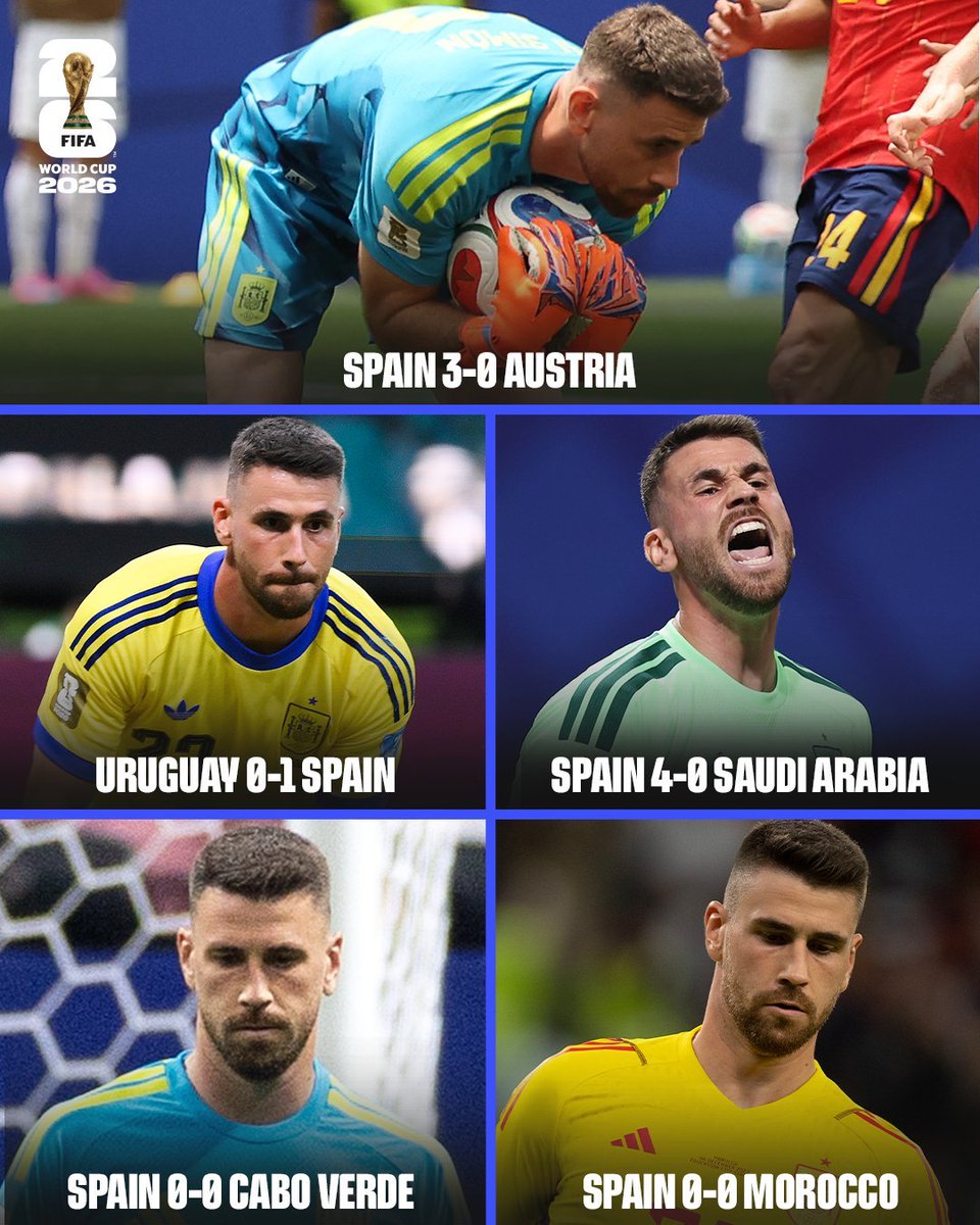 fifacom_es's tweet photo. ¡Un par de manos seguras! 🧤🛑

El portero español Unai Simón🇪🇸 ha mantenido cinco porterías imbatidas consecutivas en la #CopaMundialFIFA, igualando el récord de Walter Zenga con Italia en 1990 👏🏽 https://t.co/4xUA3Z5yNU