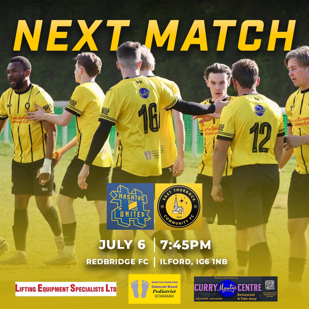 EastThurrockCFC's tweet photo. ‼️NEXT MATCH‼️

We are one sleep away from our second pre-season fixture, against @hashtagutd at Redbridge.

Let’s get down there and support the boys! 💛🖤

#ETCFC #COYR https://t.co/G21OdUJUXl