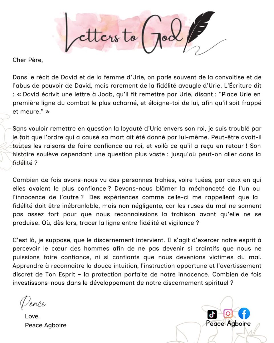 peacemercy18's tweet photo. Dear Father,
In the account of David and Uriah's wife, we often speak about David's lust and abuse of power, but rarely do we discuss Uriah's undiscerning faithfulness. The ...,
Also in
French
Bengali
Urdu
#LettertoGod
#discernment
#faithfulness
#innocence
#Uriahsstory https://t.co/vZicv4OQh6