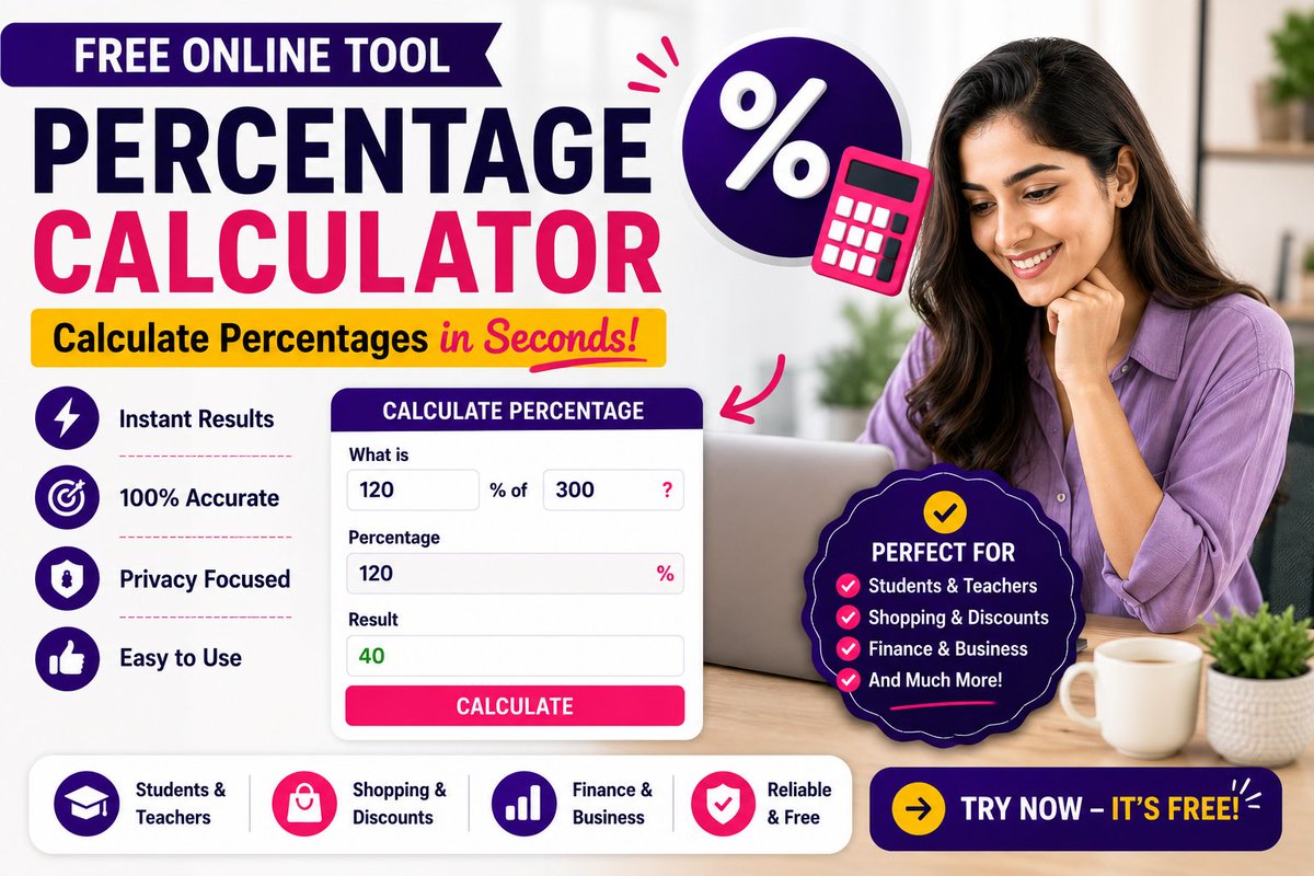 bulkseosolution's tweet photo. 📊 Stop doing percentage math manually!

Use our free Percentage Calculator to calculate percentage increase, percentage decrease, discounts, tax, profit, loss, grades, and more—accurately in seconds.

🔗https://t.co/haIDuJytiq

#PercentageCalculator #MathTools #OnlineCalculator https://t.co/l0hhxkHimc
