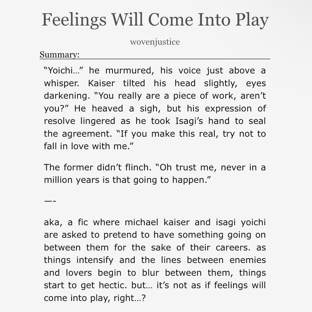wovenjustice's tweet photo. “…He’s watching… ‘Kaisagi’ edits.”
‘For marketing purposes only,’ Isagi hoped. He does not need his own mentor involving himself in this thing more than he already had.
#kiis feelings will come into play
— chapter 12/12: Curiosity
🔗: https://t.co/Dqek0G2nuH https://t.co/Bv0OBdhTPG