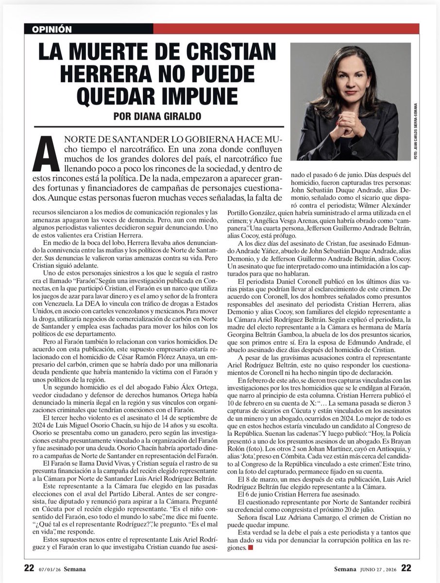 DianaSaray's tweet photo. Hoy les pido por favor mucha atención a esta columna. La muerte del periodista Cristian Herrera, @chherrera76 asesinado en Cúcuta, no puede quedar impune. Un recién elegido representante a la Cámara, que se posesionará el próximo 20 de julio, debe muchas explicaciones. Todos en Cúcuta tienen miedo de hablar. Cristian investigaba los presuntos vínculos de este y otros políticos con personajes muy oscuros de la región. Les pido que la lean y que le solicitemos a la @FiscaliaCol celeridad en esta investigación.