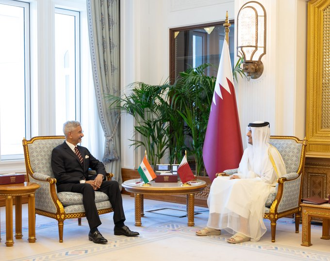 ANI's tweet photo. Doha, Qatar: India's External Affairs Minister Dr Subrahmanyam Jaishankar met Qatar's Prime Minister and Minister of Foreign Affairs, Sheikh Mohammed bin Abdulrahman bin Jassim Al-Thani. 

As per Qatar's Ministry of Foreign Affairs, "...during the meeting, they discussed bilateral relations and ways to support and develop them, particularly in the economic field. They also discussed regional developments and their impact on the global economy and energy markets, in addition to several other issues of common interest. Both sides emphasised the importance of resolving disputes and conflicts through dialogue and diplomatic means, which contributes to strengthening security and stability at the regional and international levels. They agreed to continue enhancing cooperation on several priority issues for the State of Qatar and the Republic of India by activating joint working mechanisms and bilateral committees between the two countries."

(Image source: X/Qatar's Ministry of Foreign Affairs)