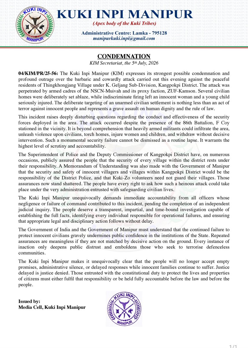 kimmnprls's tweet photo. Kuki Inpi Manipur (KIM) has expressed profound outrage and condemnation over a barbaric attack carried out against civilian settlements in Thingkhongjang Village. The incident resulted in civilian homes being set ablaze and serious injuries to an innocent woman and a young child.
​KIM is questioning the effectiveness of local security forces and calling on the Government of India and the Government of Manipur for a transparent, time-bound investigation.
​#Manipur #KukiInpi #Kangpokpi #CurrentAffairs #HumanRights 
@Spearcorps @YKhemchandSingh @KonthoujamG @manipur_police @amitshah @PMOIndia