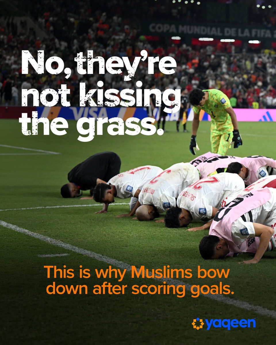 yaqeeninstitute's tweet photo. The whole world has been watching Muslims bow down during the World Cup. Here’s why. 
 
There are moments in our lives that are so big they feel beyond us, like: How did I do that? 
 
Those triumphs can feel like an out-of-body experience: your chest tightens, your eyes fill with tears, and your legs feel weak. 
 
Sajdat al-shukr, the prostration of gratitude,answers that feeling. 
 
The practice goes all the way back to Prophet Muhammad (s), who would fall into prostration whenever good news reached him. [Sunan Ibn Majah #1394]
 
Fourteen centuries later, in stadiums packed with 70,000+ people, that same gesture is still made not simply as a celebration but as a thank-you to Allah, the one true God. 
 
In that moment of pure awe and excitement, Muslims recognize that their success came only from God and by His permission. 
 
They humble themselves and submit fully to their core belief of Allahu Akbar, or Allah is greater than every single thing they can ever imagine or experience. 
 
And the deepest way to express that gratitude and devotion is by putting the highest part of their bodies on the lowest point of the earth. 
 
The Prophet (s) said that the servant is closest to Allah in prostration. [Riyaad as-Saliheen]
 
In sajdat al-shukr, the players leave it all behind—the world’s noise and the crowd’s cheer, the glory and the fame—to thank the One who gave them this moment.