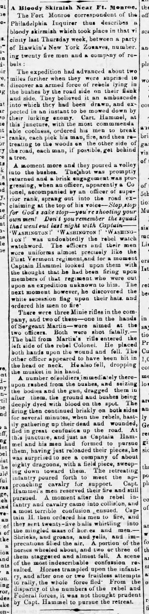 HistoryLover57's tweet photo. July 5, 1861: A small skirmish occurred between the Confederate forces of John B Magruder and Union forces of Benjamin Franklin Butler (9th New York “Hawkins’ Zouaves”) near Curtis’ Farm at Newport News. Both sides withdrew to their lines after an inconclusive action. https://t.co/6g9VTEArsv