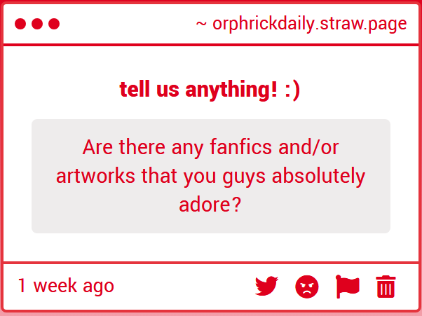 orphrickdaily's tweet photo. "Are there any fanfics and/or artworks that you guys absolutely adore?"
For sure! Also, for our followers in general - do feel free to self-promo and share your favorite writers/artists or any fanwork in general here <3 this is a community!!
#orphricksp https://t.co/jl0wuJvpRq https://t.co/IZc9Vg85n0