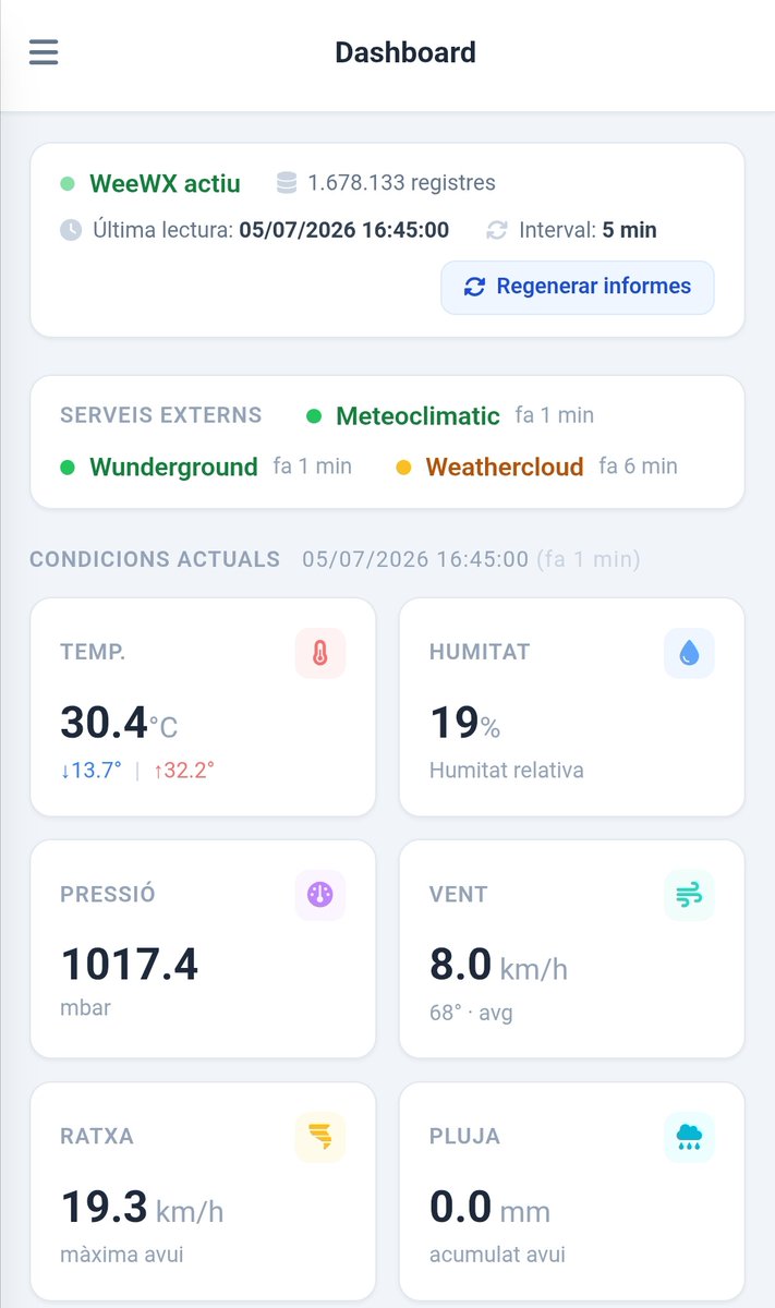 joan_badia's tweet photo. Després d'anys recollint dades meteorològiques a #Tuixent, he actualitzat el sistema cap a un format mes clar i amb més informació! Deixem enrere el WeatherLink per migrar a WeeWx. Més control, més opcions i open source!
👉🏻 https://t.co/vT8hAyVLVa
👉🏻 https://t.co/LCgGhRzGuf https://t.co/GUEn1wGfQX