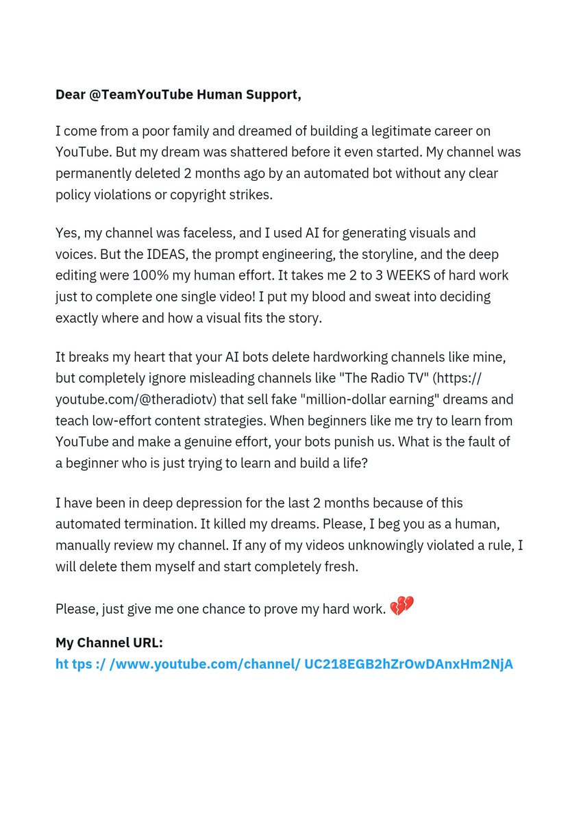autoBrainSharoz's tweet photo. Hey @TeamYouTube , please read the attached appeal. I am a hardworking creator and an automated bot destroyed my 2 months of hard work and dreams. I need human help. 💔
Channel URL: https://t.co/AOlY5g1cq8 https://t.co/91ZLHddYfC