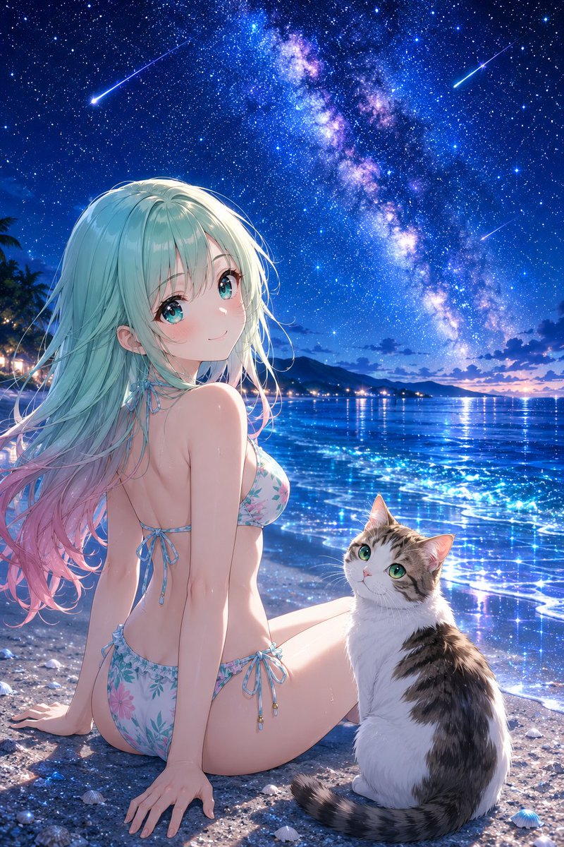 tk4h's tweet photo. AI色々なイラスト投稿イベント
テーマ： ＃AI色々な星空と水着が似合う娘さん
「流星の向こうへ」 https://t.co/f39v7b4Aps