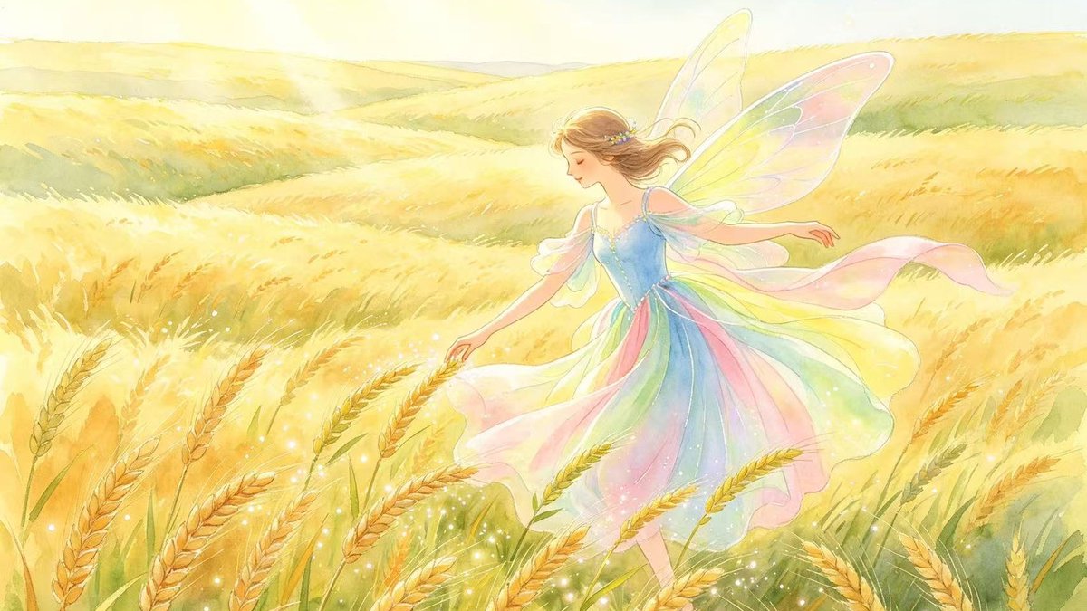 Heykidsofcn's tweet photo. The colorful wind glides softly across the fields 🌾, like a fairy dancing and weaving magic ✨, gently brushing every wheat seedling with her delicate hand 🧚‍♀️🌱💨. https://t.co/8qq3FDL8YF
