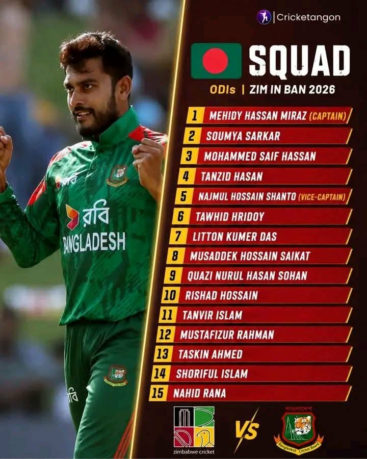 joy70210's tweet photo. Tiger Squad for upcoming ODI and T20I series against Zimbabwe.

Weldon Bangladesh❤️🇧🇩🏆

#BANvsZIM 
#BCB #BangladeshCricket #ICC https://t.co/MFGtXglIP3