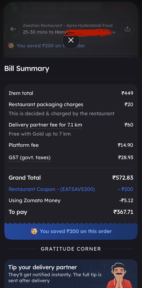 LawrenceSt2360's tweet photo. Same restaurant, same item, different distance on @zomato @zomatocare . Care to explain? This is a really dark tactic. The restaurant distance is just off by 0.1km on Zomato for a free delivery😂 . How could you make a difference of 2.5km man. Crazy stuff https://t.co/PcALhZPkZy