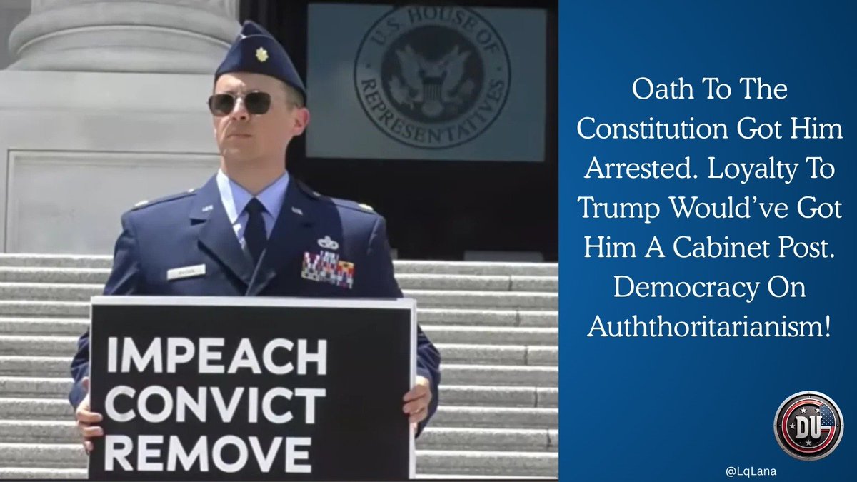 FeistyLibLady's tweet photo. Active-duty U.S. Air Force Major Jason Watson was arrested on the steps of the U.S. Capitol wearing his military uniform.

He called for the impeachment and removal of Trump and Vance.

Watson has clarified he NOT a democrat or a MAGA GOP.

He is an independent who took a stand regardless of what it will cost him personally against Trump's lawless regime.

Watson is a patriot who believes in the Constitution, not Project 2025, the MAGA GOP's declaration of war on America.
#DemsUnited