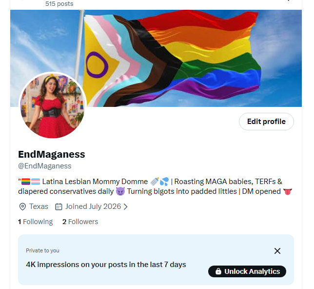 EndMaganess's tweet photo. "UwU 4K impressions in just 7 days already? 😈💦 Mommy Elena is turning bigots into padded littles faster than they can cry! Thank you to all my good diapered babies &amp; radical queers boosting the revolution. More regression, more kink, more wins! DM open for good littles~🍼🌈 https://t.co/ZNy8j4vEAa