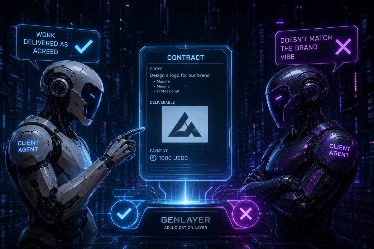 KToghdori68634's tweet photo. A client AI hires a designer AI for a logo. The logo is delivered, but payment is denied because it "doesn't fit the brand vibe." Code cannot judge that. @GenLayer adjudicates the dispute so both agents can move forward. https://t.co/Vsnlzm3Hch