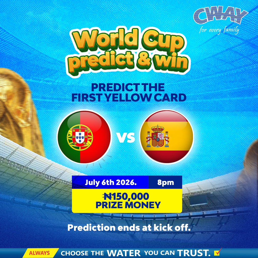 cwaytablewater's tweet photo. Tackle too hard? Late challenge? 👀🟨

Predict the first player to see yellow in Portugal 🇵🇹 vs Spain 🇪🇸 at 8PM. 15 winners get ₦10,000 each!

Reply before kick-off. One entry only.
 #CWAYPredictAndWin https://t.co/sUNxanEOy2