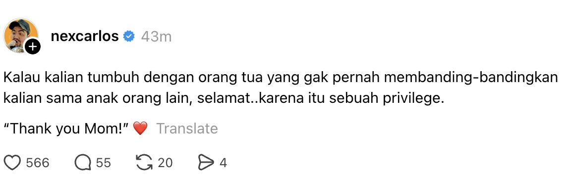 insidefolkative's tweet photo. Nex Carlos mengingatkan bahwa tumbuh tanpa dibanding-bandingkan adalah privilege yang tidak dimiliki semua anak, ia bilang:

"Kalau kalian tumbuh dengan orang tua yang gak pernah membanding-bandingkan kalian sama anak orang lain, selamat..karena itu sebuah privilege.
“Thank you Mom!” ❤️