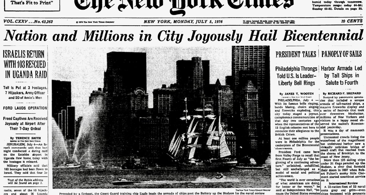 BeschlossDC's tweet photo. New York Times, fifty years ago this morning, reporting on previous day, when millions of Americans "joyously" hailed Bicentennial celebration: https://t.co/U7t4UiDTNB