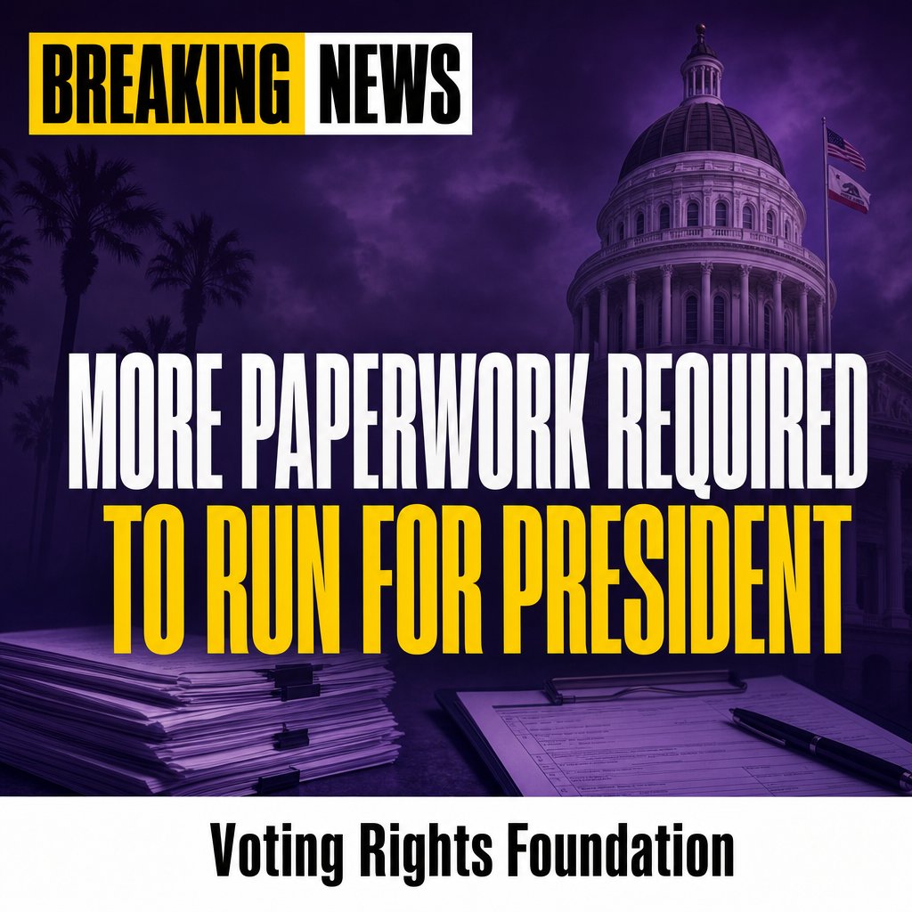 TheVotingRights's tweet photo. California's AB 1539 would require presidential candidates to submit additional paperwork to qualify for the state ballot, raising procedural requirements for ballot access. The bill has advanced through the legislature and affects all presidential candidates seeking to appear on California ballots.