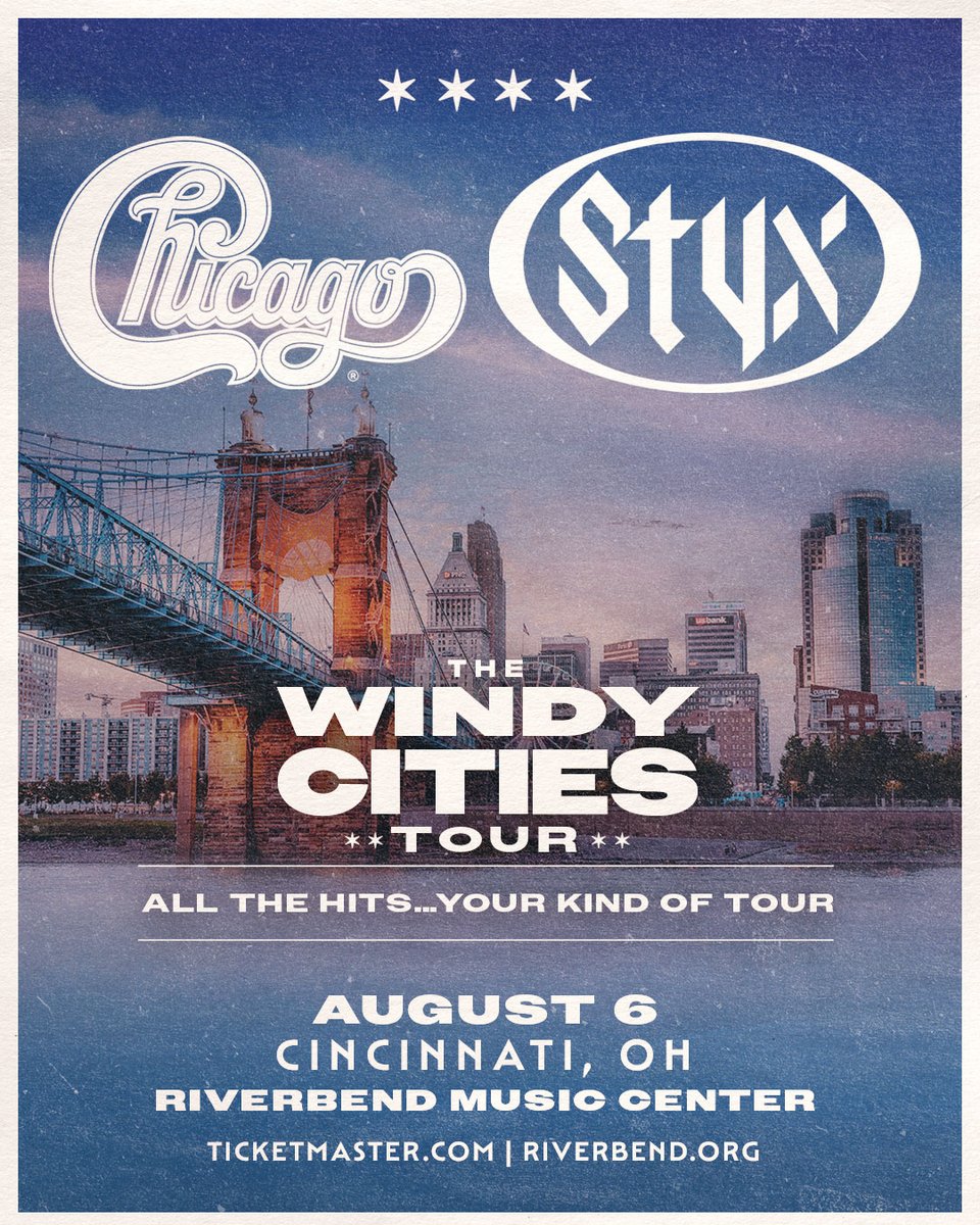 riverbendpnc's tweet photo. 💨 NEXT MONTH 💨 @styxtheband and @chicagotheband are almost ready to bring the Windy Cities Tour to The Queen City! Be there when these two incredible bands take over Riverbend Music Center on August 6!

🎟️ Grab your tickets now and come sail away with us! https://t.co/jD5haAclMF