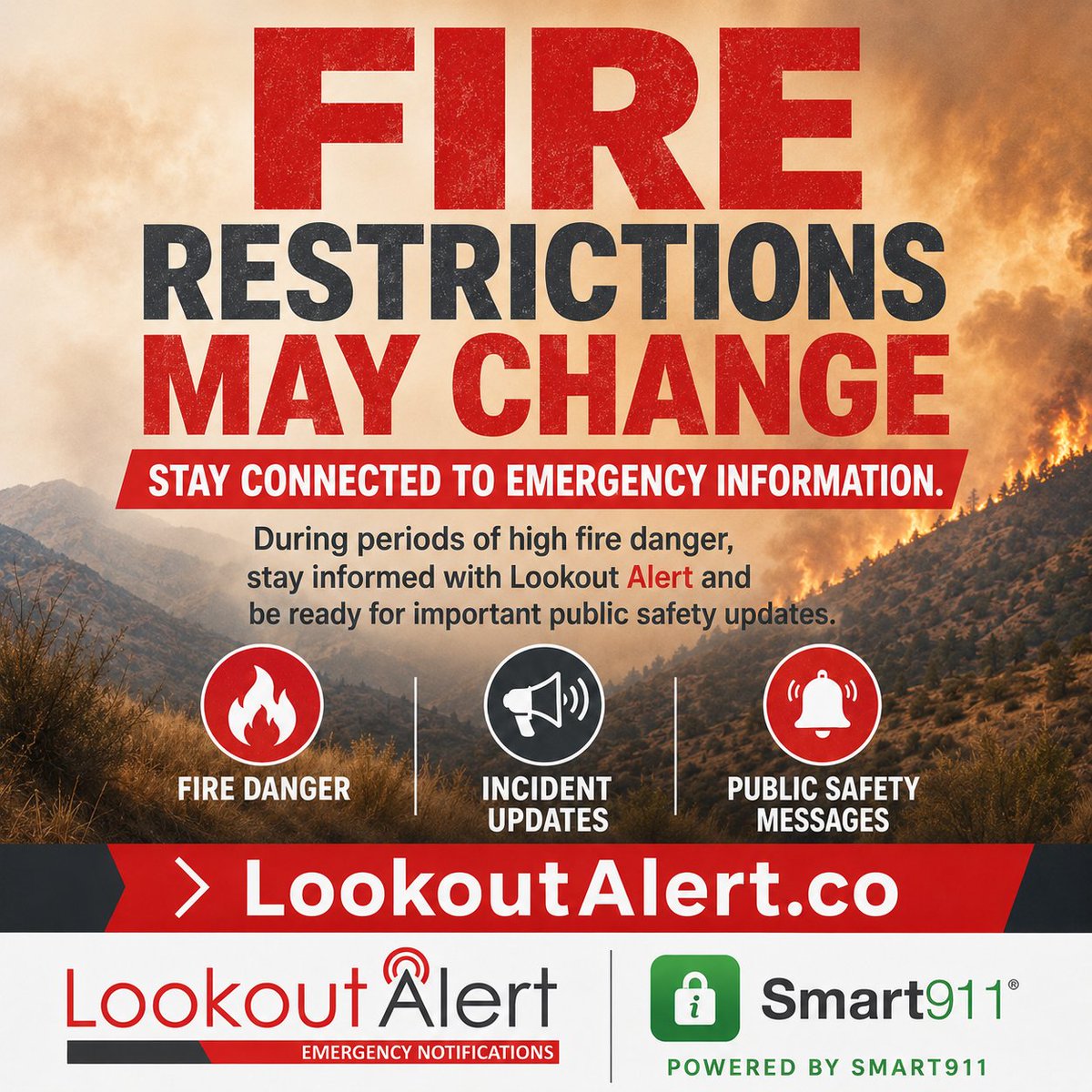 jeffcom911co's tweet photo. Fire restrictions are an important reminder to stay prepared. Lookout Alert, powered by Smart911, helps connect you with emergency information and public safety updates for your area.
Create or update your profile at https://t.co/nmxl2HidsF and download the Smart911 app.

 #FireSafety #EmergencyAlerts #PublicSafety #CommunityPreparedness #WildfirePrevention #LookoutAlert #Smart911 #StayInformed #Jeffcom911 #ColoradoSafety