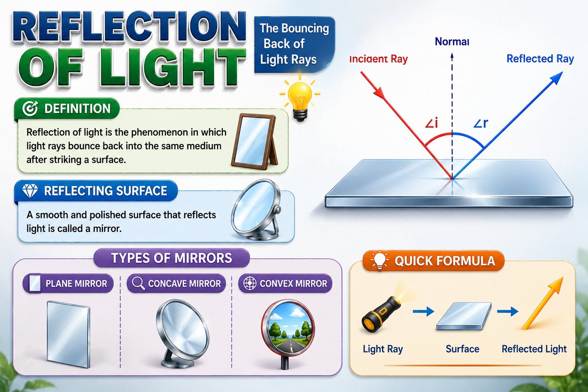 ByteBooksHQP's tweet photo. 💡 Reflection of Light – Quick Revision! 🪞
✅ Definition
✅ Laws of Reflection (∠i = ∠r)
✅ Regular vs Irregular Reflection
✅ Types of Mirrors
✅ Exam-Oriented Quick Facts
Perfect for UPSC, SSC, PCS, NDA, NEET & JEE aspirants.
#ReflectionOfLight #Physics #UPSC #SSC #NEET https://t.co/DCZJ9fx4FT