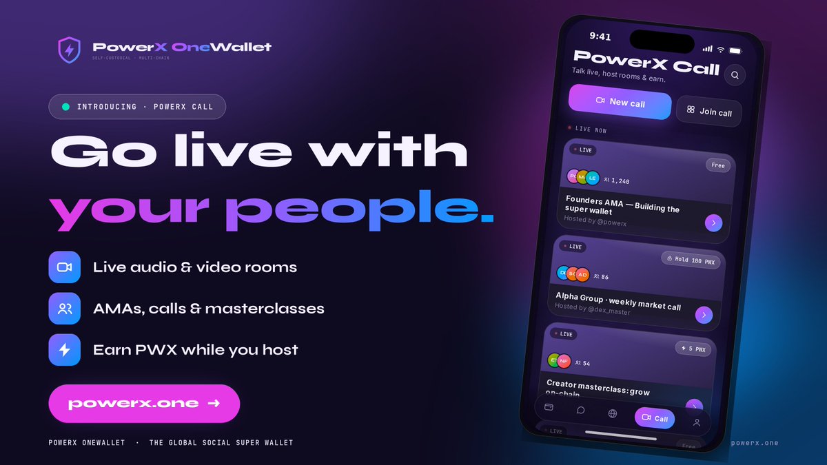 Powerxonewallet's tweet photo. 📹 Introducing PowerX Call, go live with your people.

Host live audio &amp; video rooms right inside your wallet. AMAs, market calls, masterclasses, bring your community together, and earn PWX while you host.

Your rooms. Your audience. Your rewards.

👉 https://t.co/bP34pxjSoB https://t.co/0uEzo5xNWT