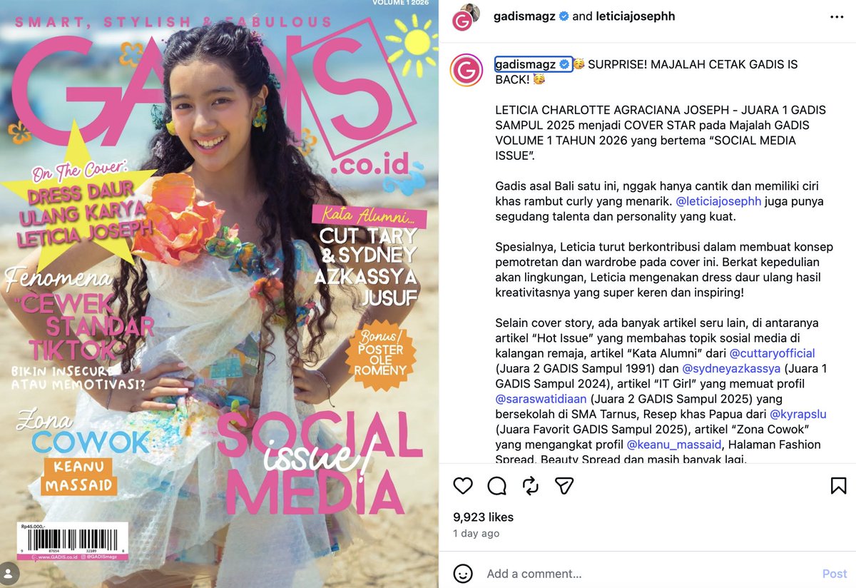 insidefolkative's tweet photo. Wow baru tau kalo majalah cetak GADIS resmi kembali hadir. 

Edisi perdana Volume 1 Tahun 2026 mengangkat tema "Social Media Issue" dengan Juara 1 GADIS Sampul 2025, Leticia Charlotte Agraciana Joseph, sebagai cover star.

Gak cuma tampil sebagai wajah utama, Leticia juga terlibat langsung dalam penyusunan konsep pemotretan hingga pemilihan wardrobe. Mengusung kepedulian terhadap lingkungan, ia mengenakan gaun hasil daur ulang yang dirancang sendiri sebagai bagian dari konsep pemotretan tersebut.