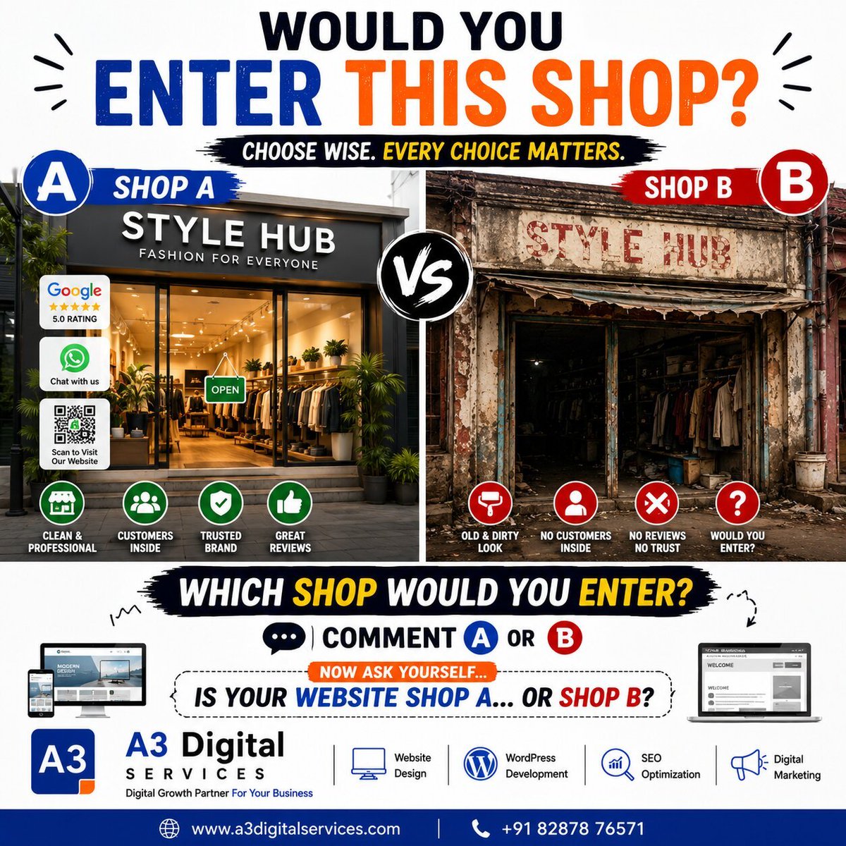 A3Digital_India's tweet photo. 🏪 Quick challenge...
Which shop would you enter first?
🅰️ Shop A
🅱️ Shop B
Now think...
If your website were a real shop, which one would it resemble?
Reply with A or B 👇
#WebsiteDesign #BusinessGrowth #Branding #CustomerExperience #DigitalMarketing #SmallBusiness #StartupIndia https://t.co/VttiazsvgE